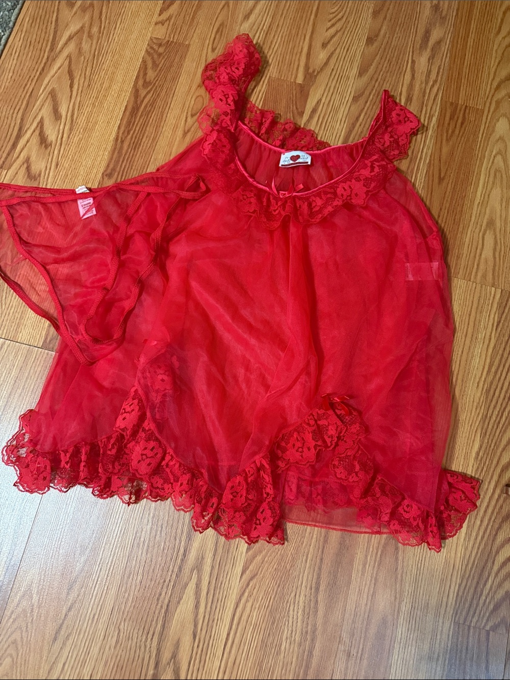 Red Lace-Trim Sheer Chemise Y2K Teddy